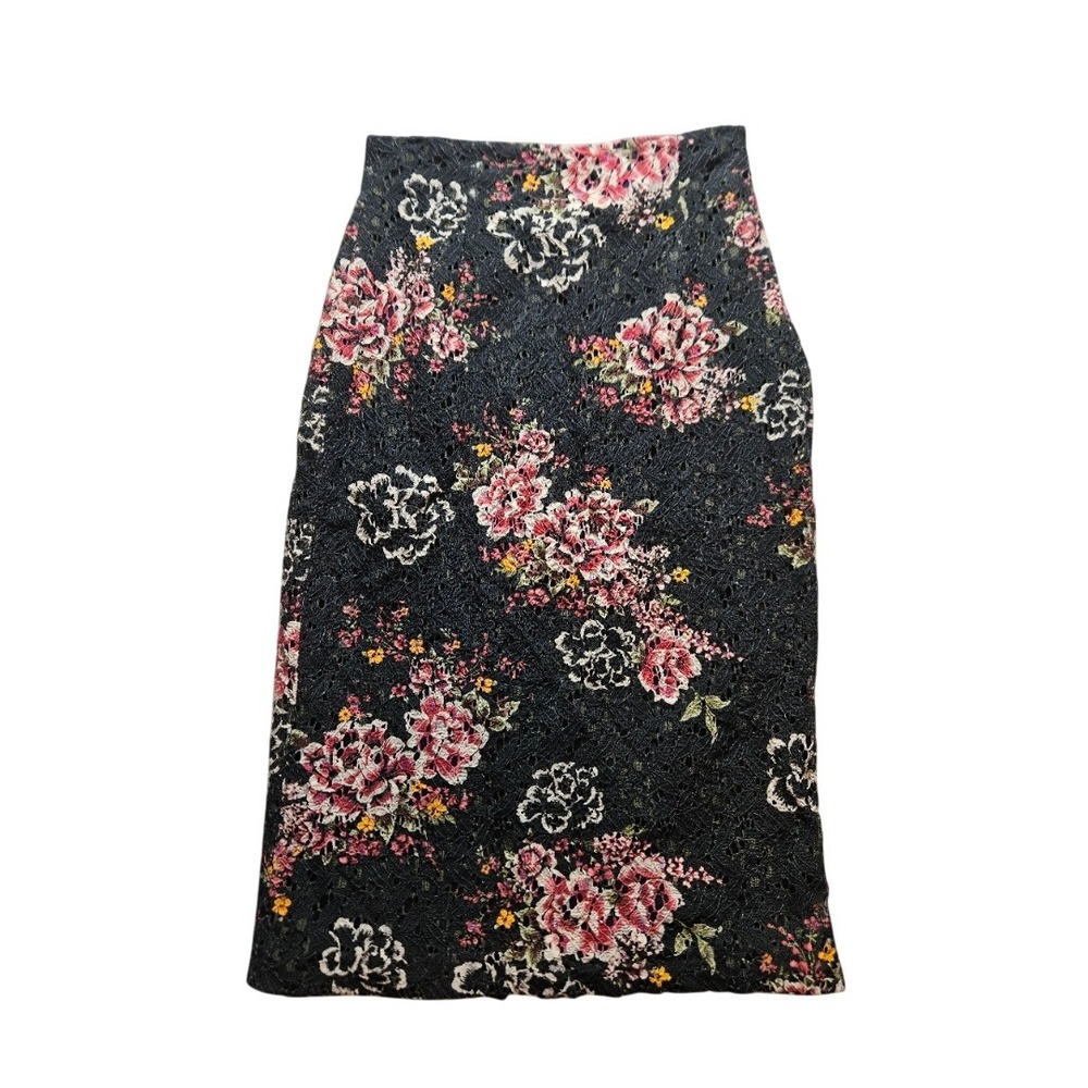 Zara Basic Black Lace Floral Pencil Skirt High Waist Side Zip XS Made in Spain